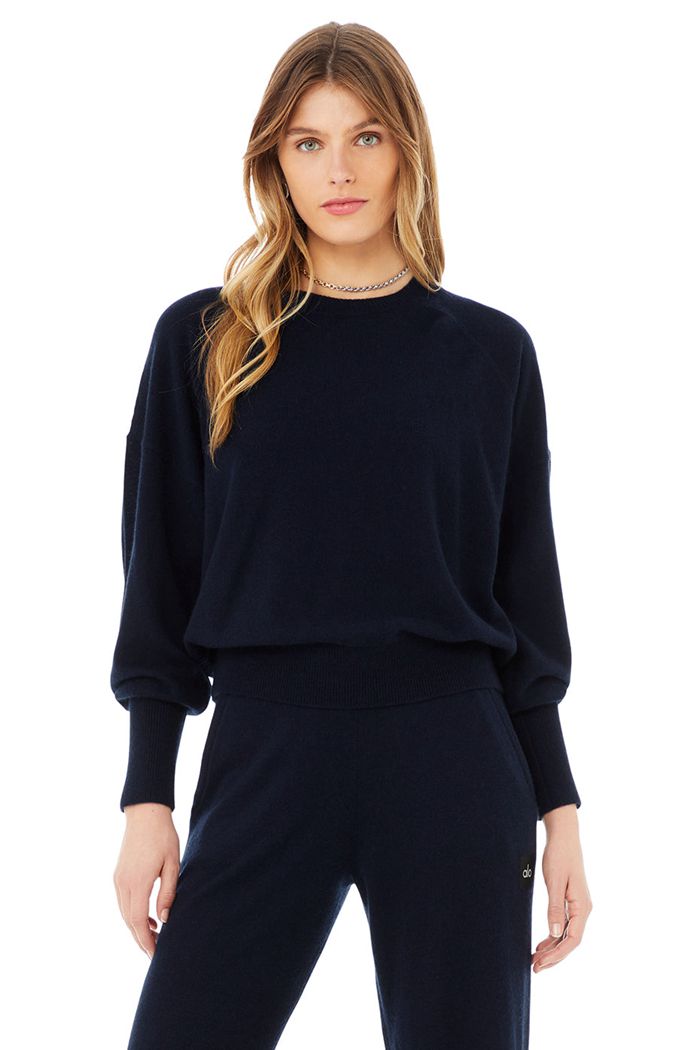 Long Sleeve Alo Yoga Cashmere Jet Set Crew Mujer Azul Marino | 280956CDS