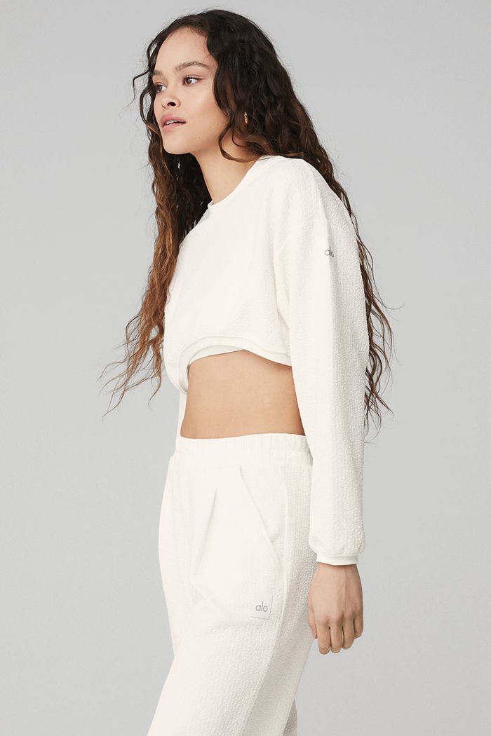 Long Sleeve Alo Yoga Cropped Tailored Crew Neck Mujer Blancos | 425301ULP