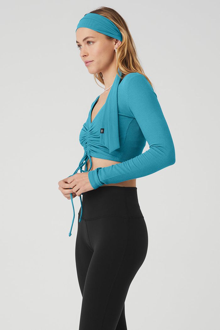 Long Sleeve Alo Yoga Ribbed Cinch Cropped Mujer Azules | 651879DSL