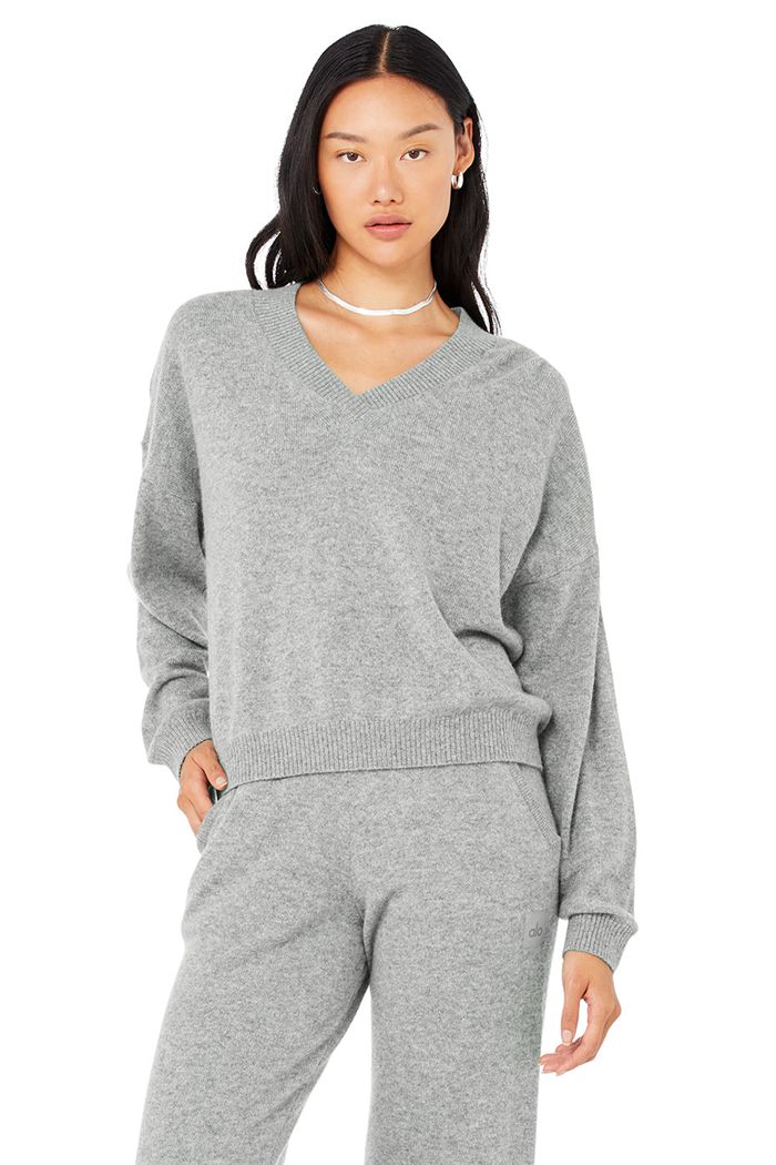 Pullover Alo Yoga Cashmere Jet Set V-Neck Mujer Grises | 708194OWQ