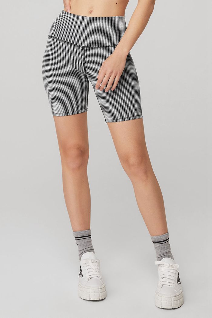 Short Alo Yoga High-Cintura Micro Houndstooth Ciclismo Mujer Blancos | 068274QOU