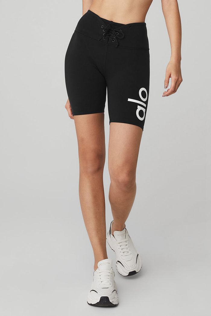 Short Alo Yoga Yogi Encaje Up Mujer Negros Blancos | 065389WHQ