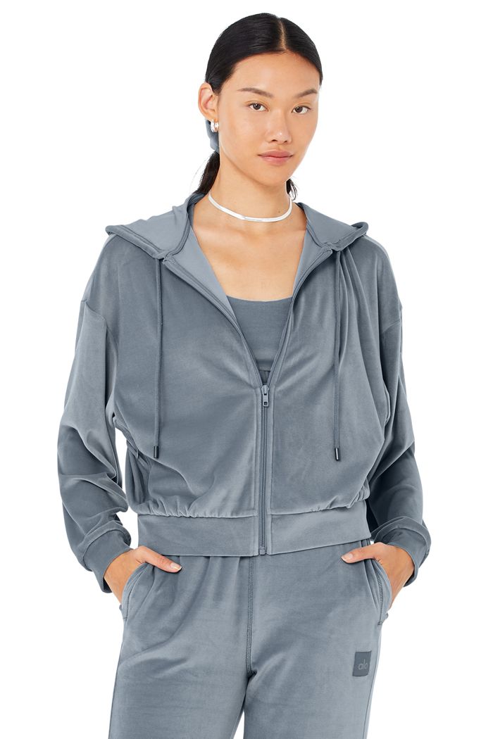 Sudadera Con Capucha Alo Yoga Velour Glimmer Full Zip Mujer Grises | 457206VWG