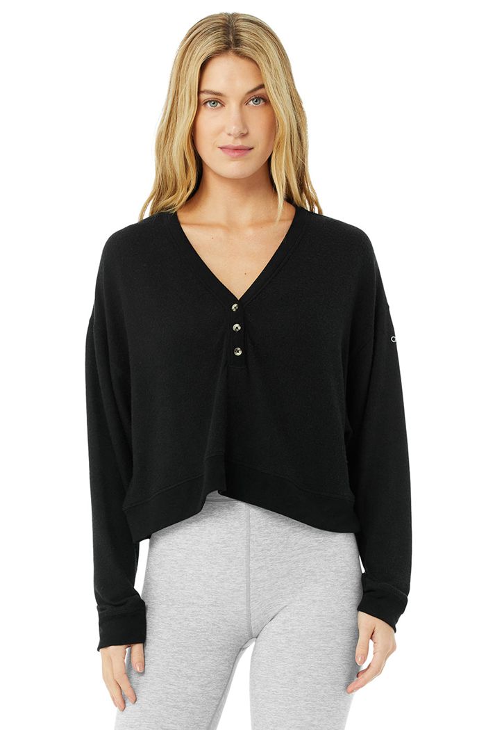 Long Sleeve Alo Yoga Alolux Soho Crop Henley Mujer Negros | 021695YXZ