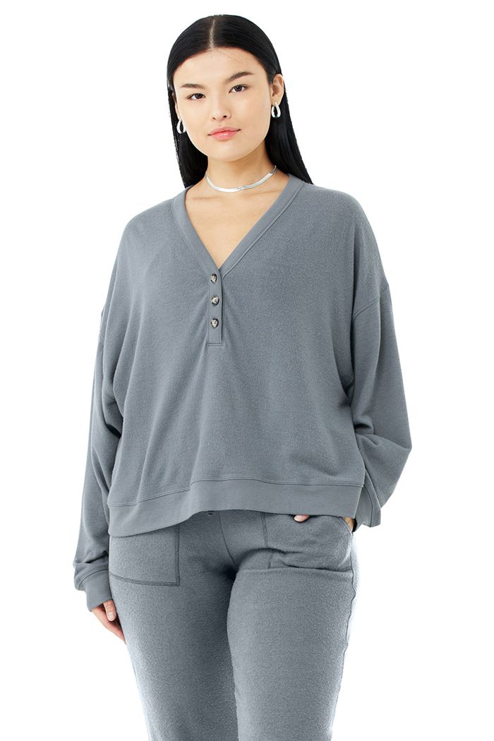 Long Sleeve Alo Yoga Alolux Soho Cropped Henley Mujer Grises | 583679KLR