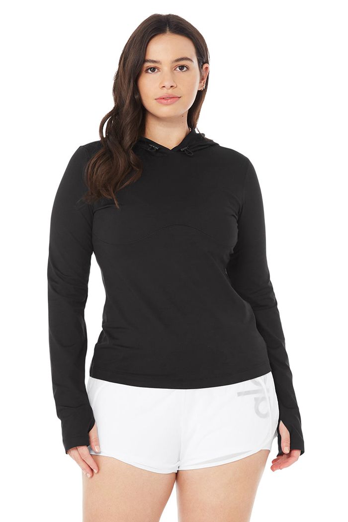 Long Sleeve Alo Yoga Alosoft Encapuchado Runner Mujer Negros | 523914LPC