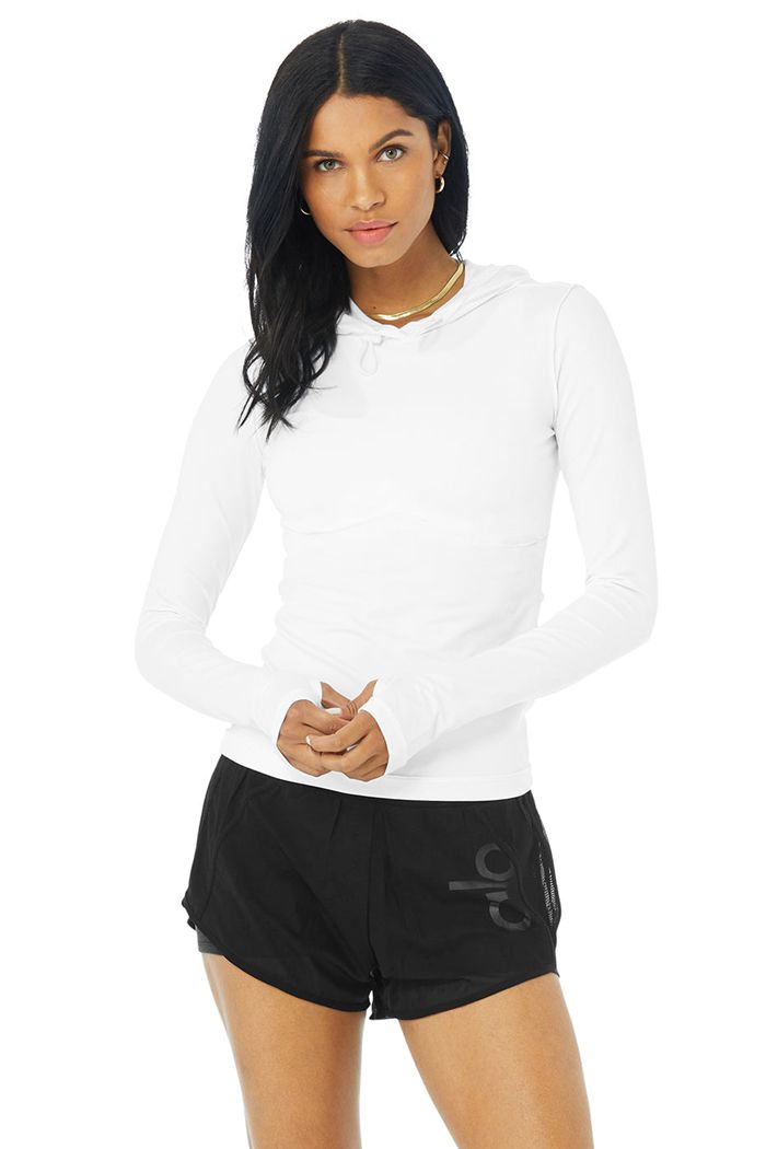 Long Sleeve Alo Yoga Alosoft Encapuchado Runner Mujer Blancos | 612093BES