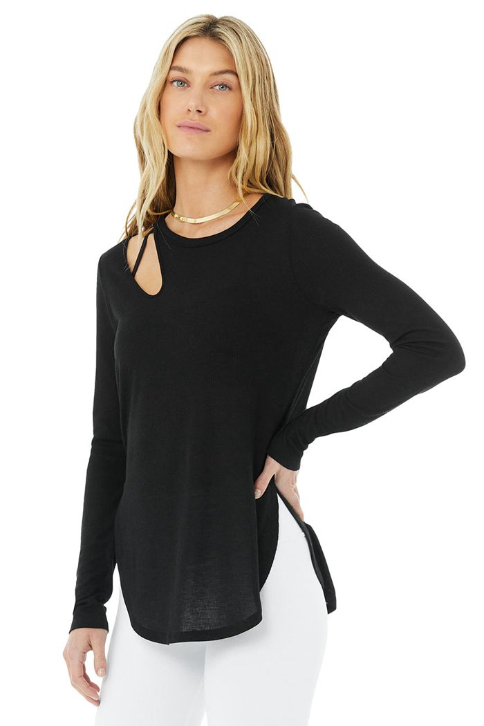 Long Sleeve Alo Yoga Ribbed Peak Mujer Negros | 364519RYK