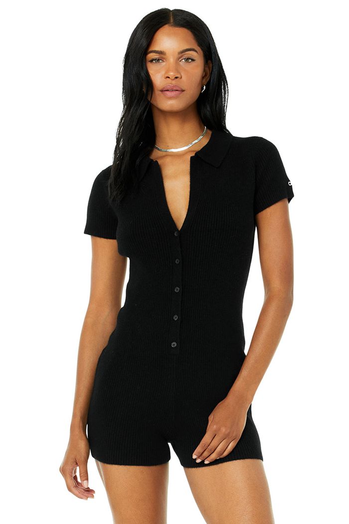 Playsuit Alo Yoga Cashmere Ribbed Staycation Playsuit Mujer Negros | 541768BYE