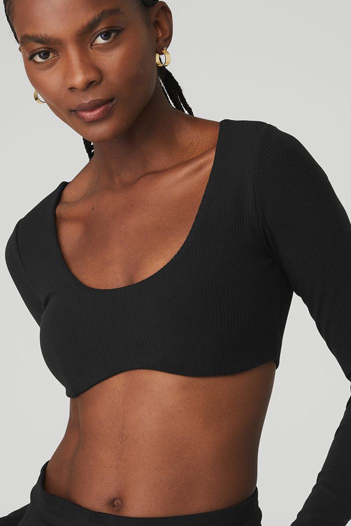 Sujetadores Alo Yoga Ribbed Defined Long Sleeve Mujer Negros | 529871YZF