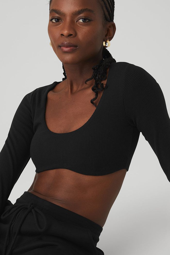 Sujetadores Alo Yoga Ribbed Defined Long Sleeve Mujer Negros | 529871YZF