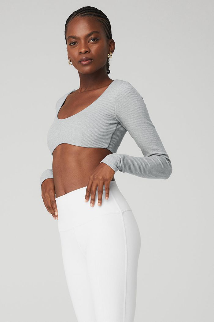 Sujetadores Alo Yoga Ribbed Defined Long Sleeve Mujer Grises | 810473KVW